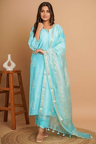 Turquoise Chanderi Silk Embroidered Straight Kurta Set by Gulabik Jaipur