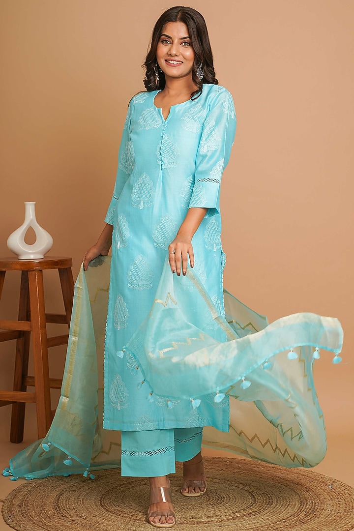 Turquoise Chanderi Silk Embroidered Straight Kurta Set by Gulabik Jaipur at Pernia's Pop Up Shop