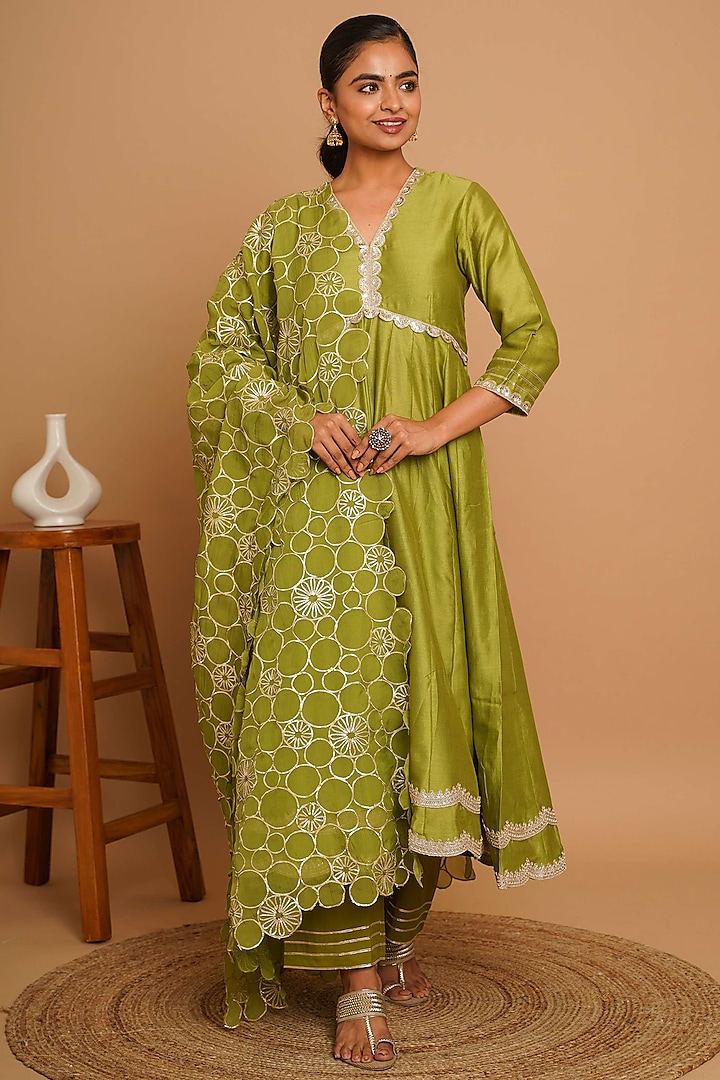 Mehendi Green Chanderi Silk Gota Kalidar Anarkali Set by Gulabik Jaipur