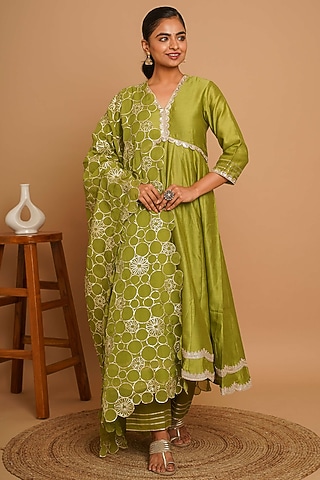 Mehendi Green Chanderi Silk Gota Kalidar Anarkali Set by Gulabik Jaipur