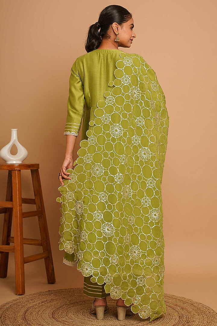 Mehendi Green Chanderi Silk Gota Kalidar Anarkali Set by Gulabik Jaipur at Pernia's Pop Up Shop