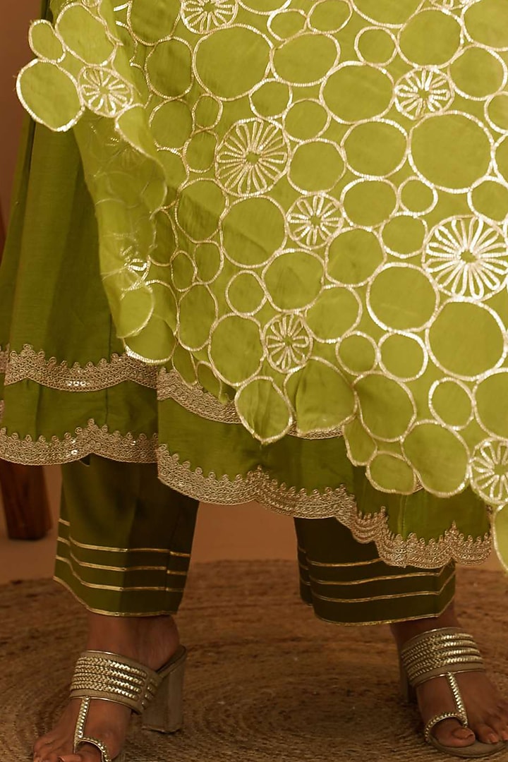 Mehendi Green Chanderi Silk Gota Kalidar Anarkali Set by Gulabik Jaipur at Pernia's Pop Up Shop