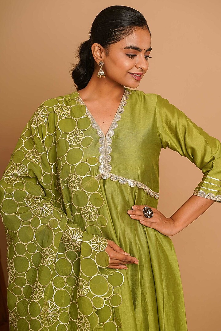 Mehendi Green Chanderi Silk Gota Kalidar Anarkali Set by Gulabik Jaipur at Pernia's Pop Up Shop