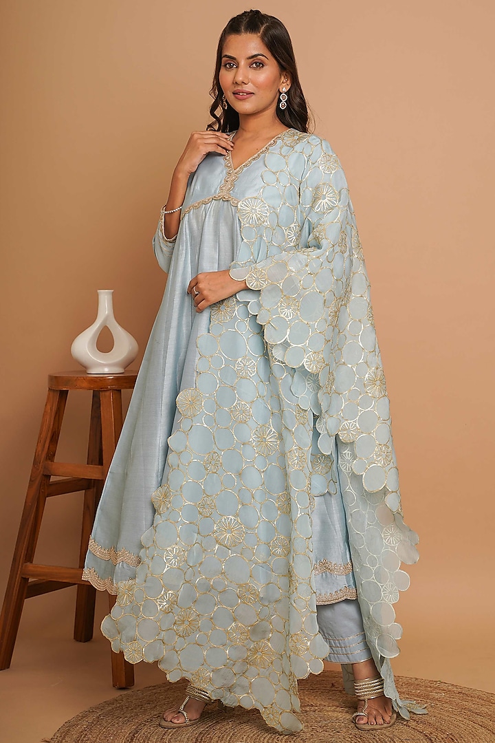 Powder Blue Chanderi Silk Gota Kalidar Anarkali Set by Gulabik Jaipur at Pernia's Pop Up Shop