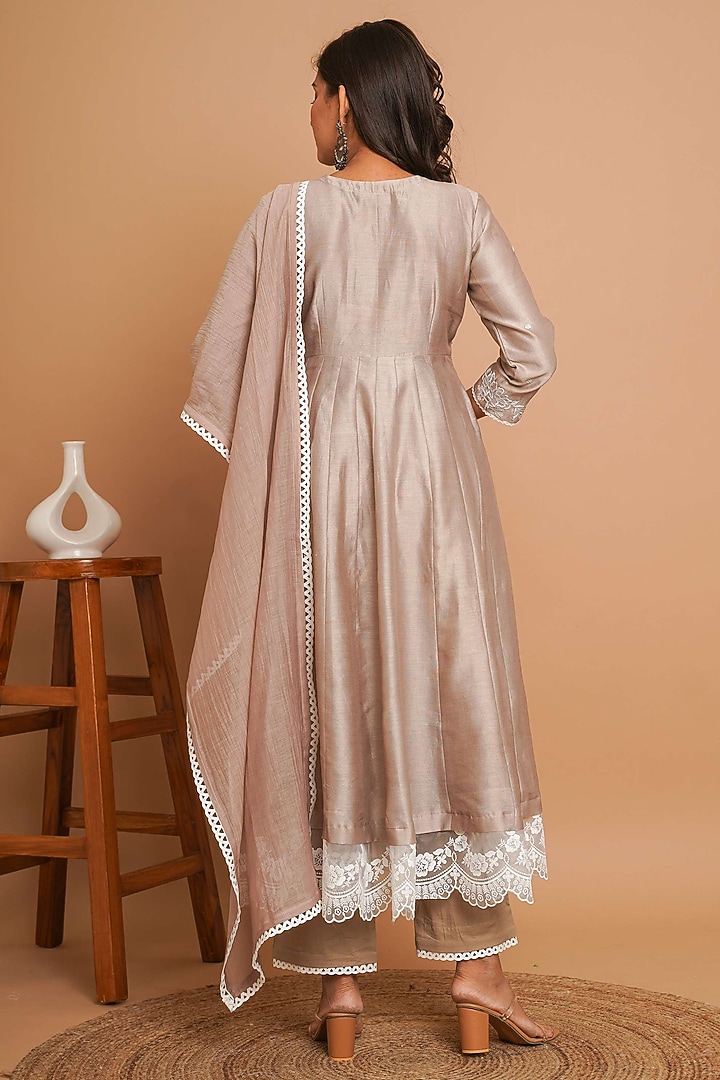 Beige Chanderi Silk Thread Embroidered Kalidar Anarkali Set by Gulabik Jaipur at Pernia's Pop Up Shop