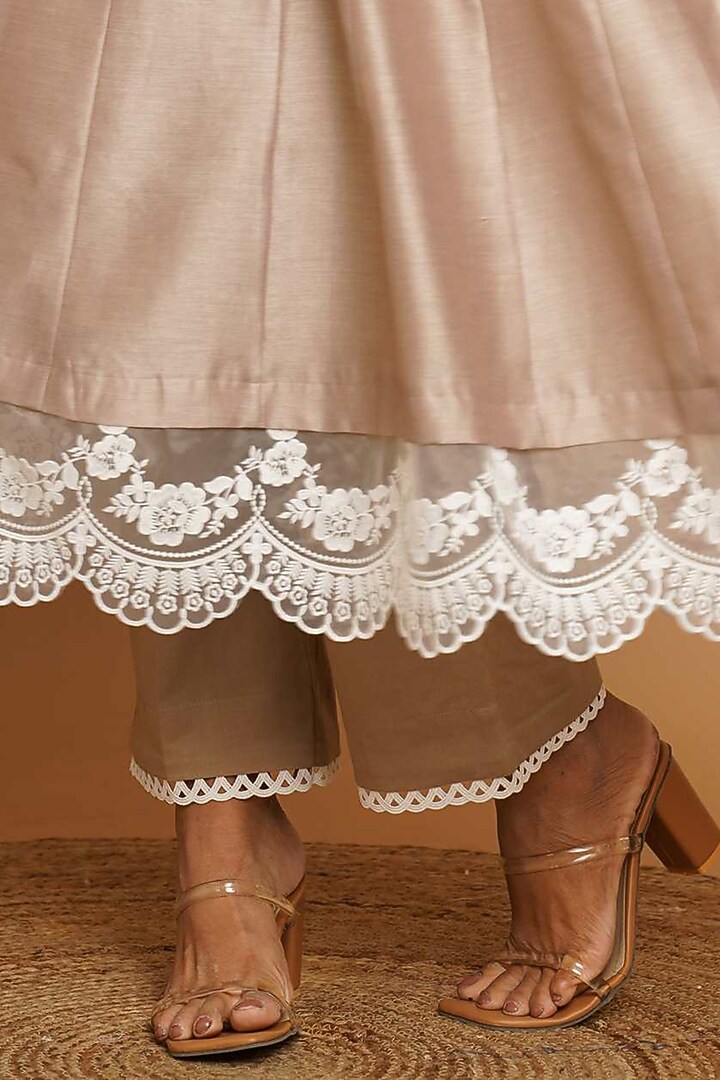 Beige Chanderi Silk Thread Embroidered Kalidar Anarkali Set by Gulabik Jaipur at Pernia's Pop Up Shop