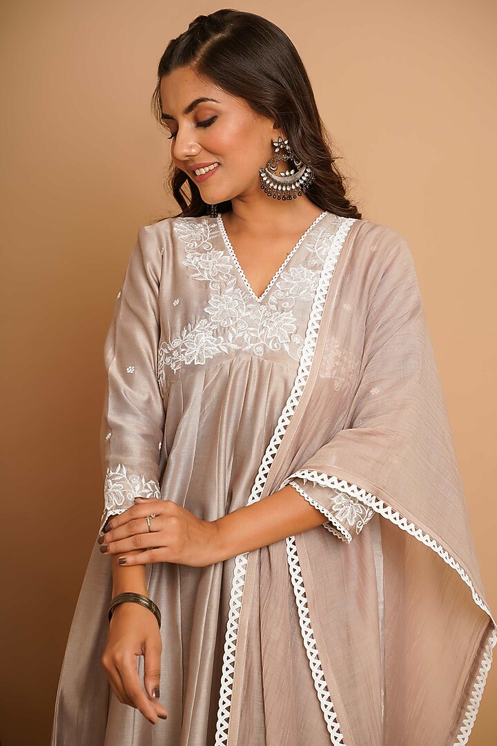 Beige Chanderi Silk Thread Embroidered Kalidar Anarkali Set by Gulabik Jaipur at Pernia's Pop Up Shop