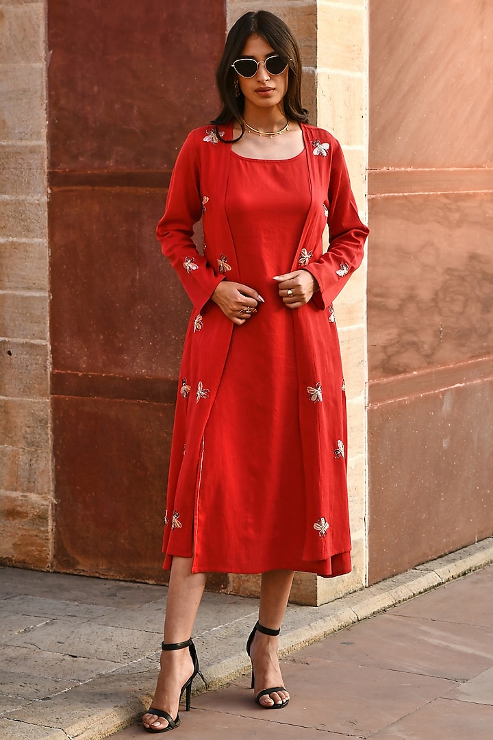 Red Cotton Embellished Jacket by Gulaal Creations