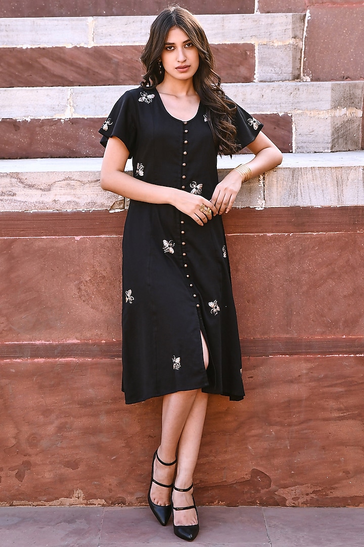 Black Satin Embellished Dress by Gulaal Creations