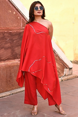 Red Satin Embroidered Kaftan Set by Gulaal Creations
