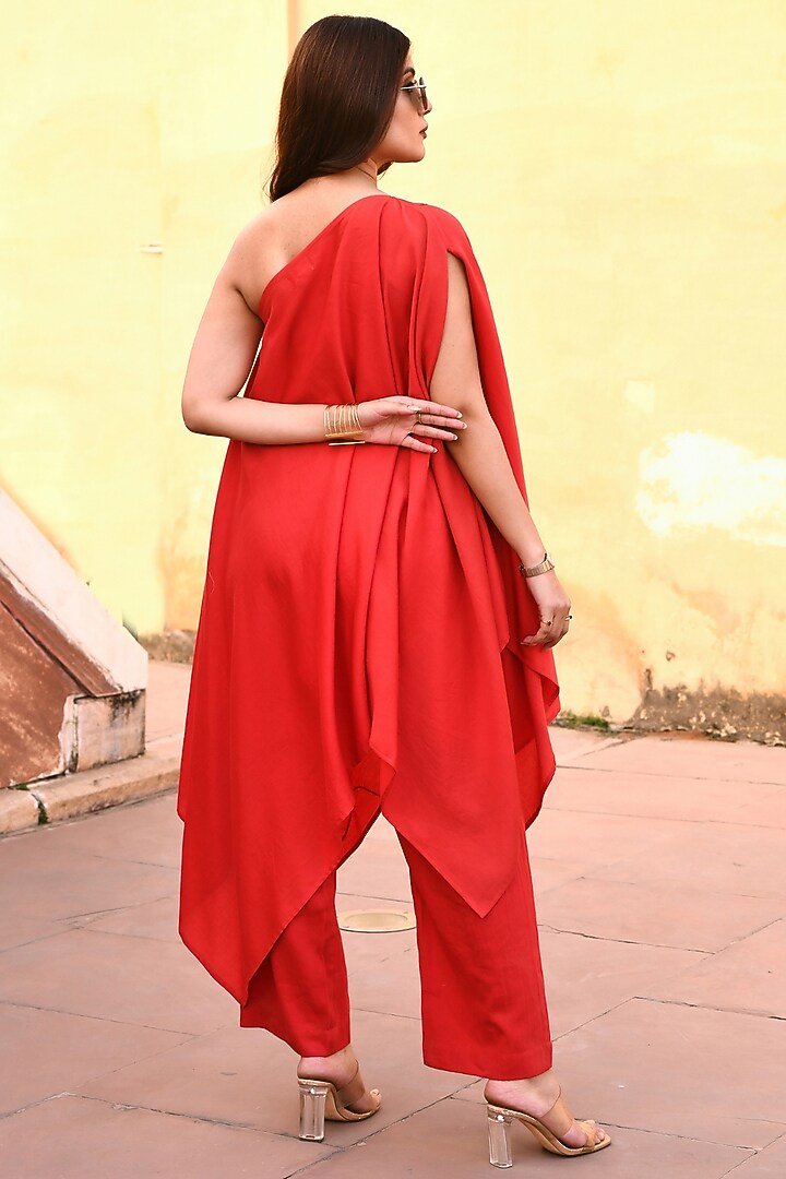 Red Satin Embroidered Kaftan Set by Gulaal Creations at Pernia's Pop Up Shop