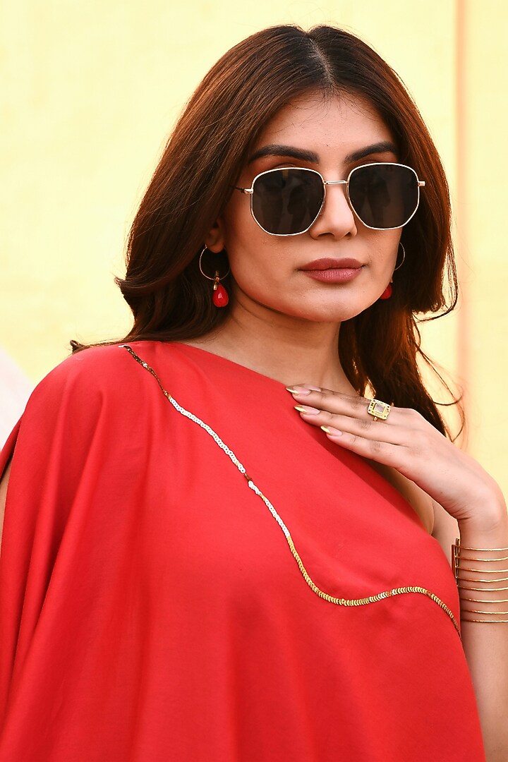 Red Satin Embroidered Kaftan Set by Gulaal Creations at Pernia's Pop Up Shop