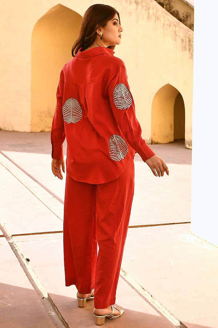 Red Cotton Embroidered Shirt by Gulaal Creations at Pernia's Pop Up Shop
