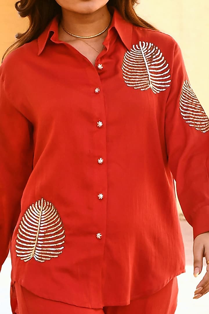 Red Cotton Embroidered Shirt by Gulaal Creations at Pernia's Pop Up Shop