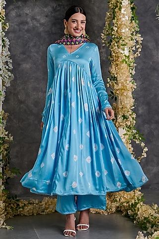 Blue Modal Satin Bandhani Anarkali Set by Gulaal Creations