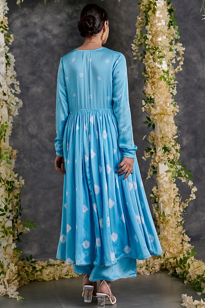 Blue Modal Satin Bandhani Anarkali Set by Gulaal Creations at Pernia's Pop Up Shop