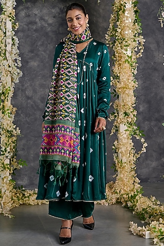 Green Modal Satin Bandhani Anarkali Set by Gulaal Creations