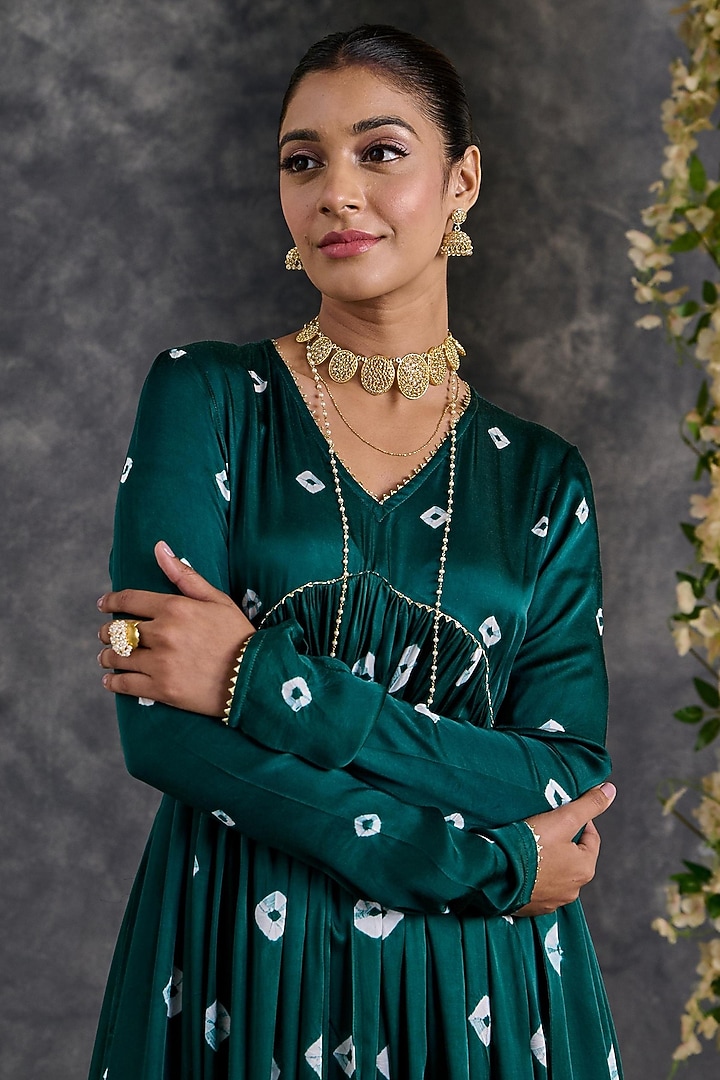 Green Modal Satin Bandhani Anarkali Set by Gulaal Creations at Pernia's Pop Up Shop