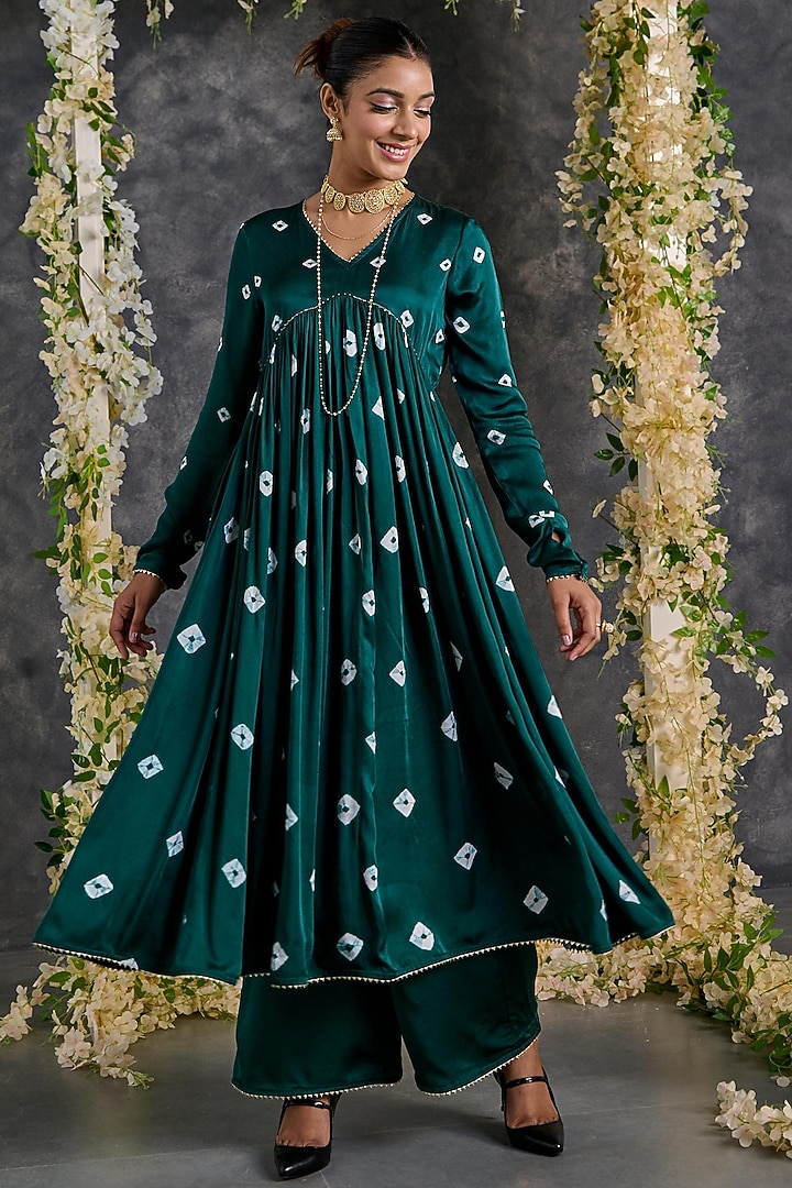 Green Modal Satin Bandhani Anarkali Set by Gulaal Creations at Pernia's Pop Up Shop