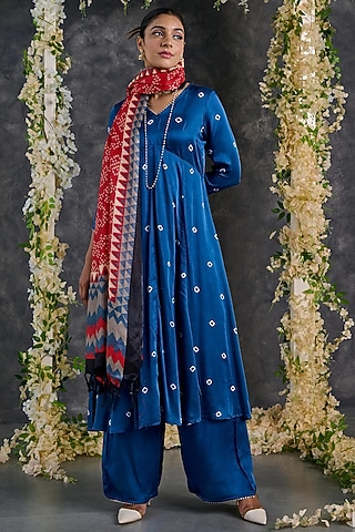 Indigo Modal Satin Bandhani A-Line Kurta Set by Gulaal Creations
