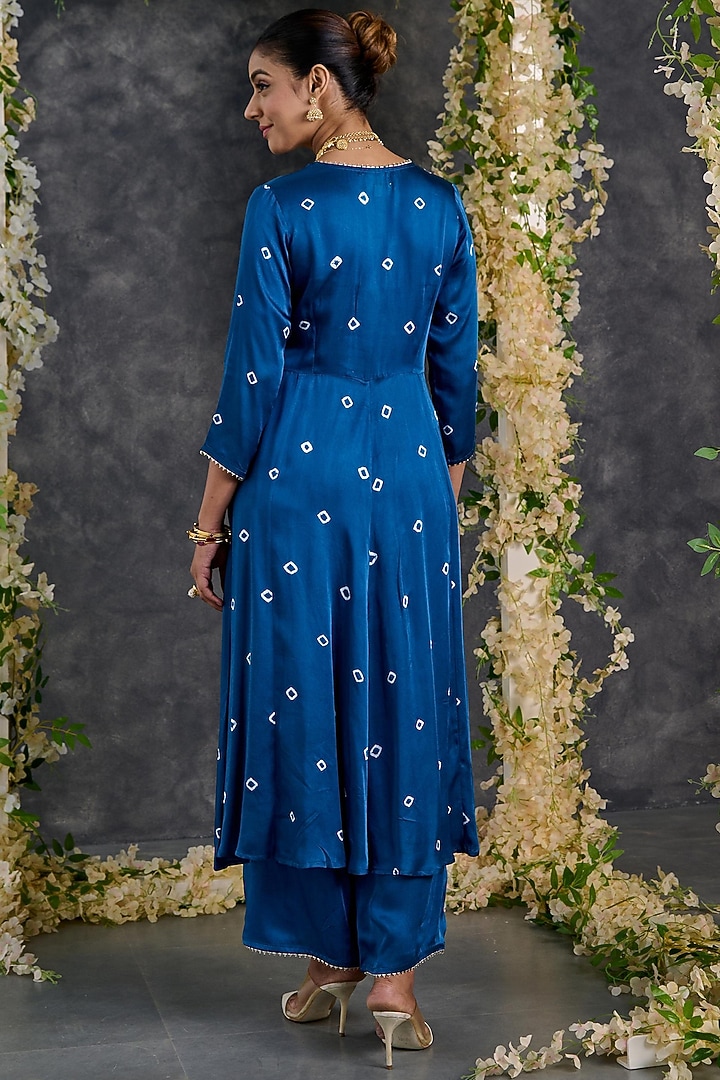 Indigo Modal Satin Bandhani A-Line Kurta Set by Gulaal Creations at Pernia's Pop Up Shop