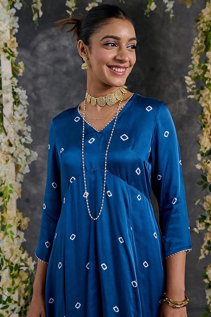 Indigo Modal Satin Bandhani A-Line Kurta Set by Gulaal Creations at Pernia's Pop Up Shop