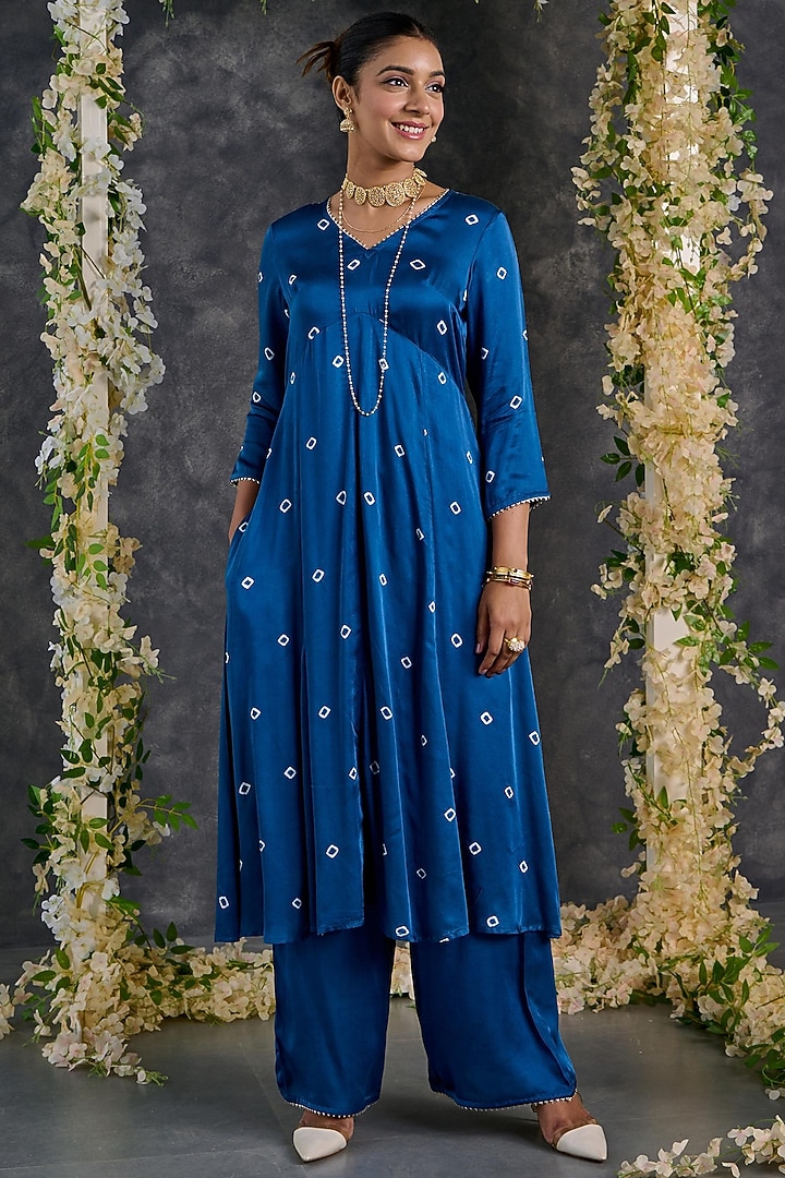 Indigo Modal Satin Bandhani A-Line Kurta Set by Gulaal Creations at Pernia's Pop Up Shop