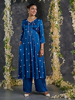 Indigo Modal Satin Bandhani A-Line Kurta Set by Gulaal Creations