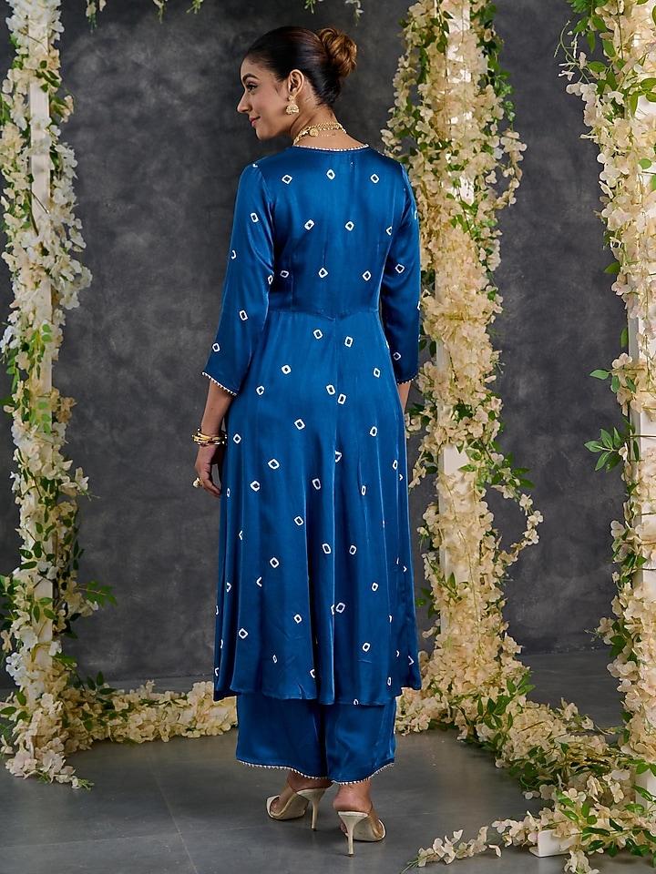 Indigo Modal Satin Bandhani A-Line Kurta Set by Gulaal Creations at Pernia's Pop Up Shop