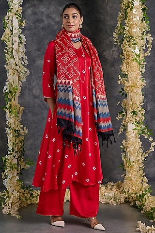 Red Modal Satin Bandhani A-Line Kurta Set by Gulaal Creations