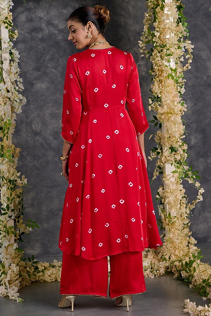 Red Modal Satin Bandhani A-Line Kurta Set by Gulaal Creations at Pernia's Pop Up Shop