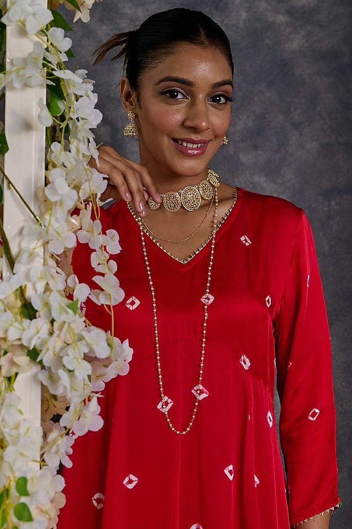 Red Modal Satin Bandhani A-Line Kurta Set by Gulaal Creations at Pernia's Pop Up Shop