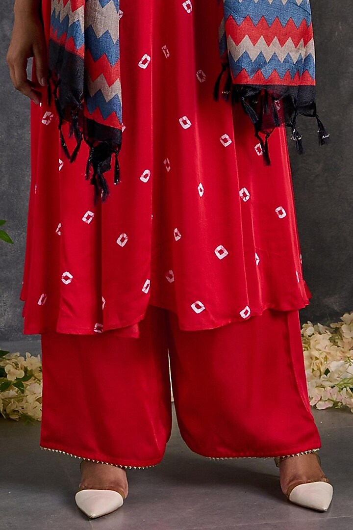 Red Modal Satin Bandhani A-Line Kurta Set by Gulaal Creations at Pernia's Pop Up Shop