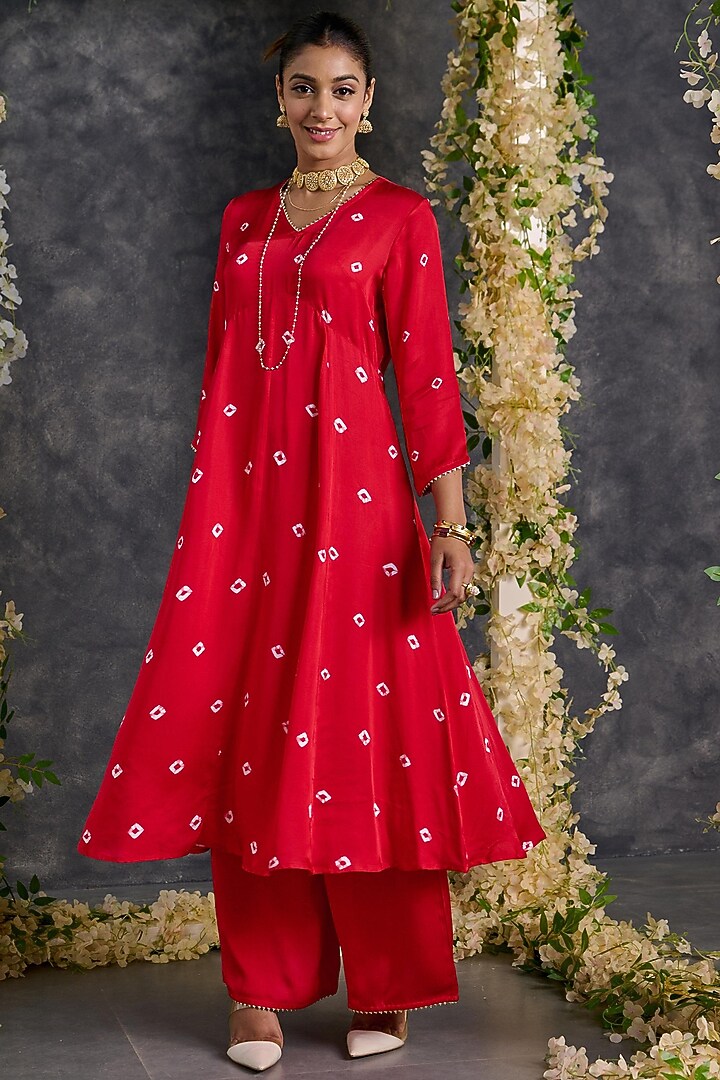 Red Modal Satin Bandhani A-Line Kurta Set by Gulaal Creations at Pernia's Pop Up Shop