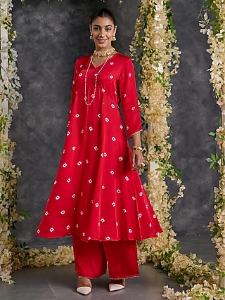 Red Modal Satin Bandhani A-Line Kurta Set by Gulaal Creations