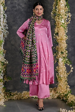 Pink Modal Satin Bandhani A-Line Kurta Set by Gulaal Creations