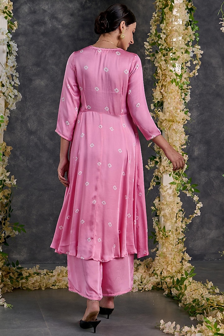 Pink Modal Satin Bandhani A-Line Kurta Set by Gulaal Creations at Pernia's Pop Up Shop