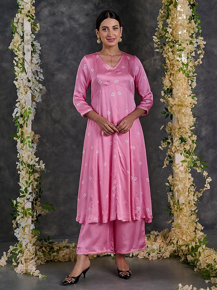 Pink Modal Satin Bandhani A-Line Kurta Set by Gulaal Creations