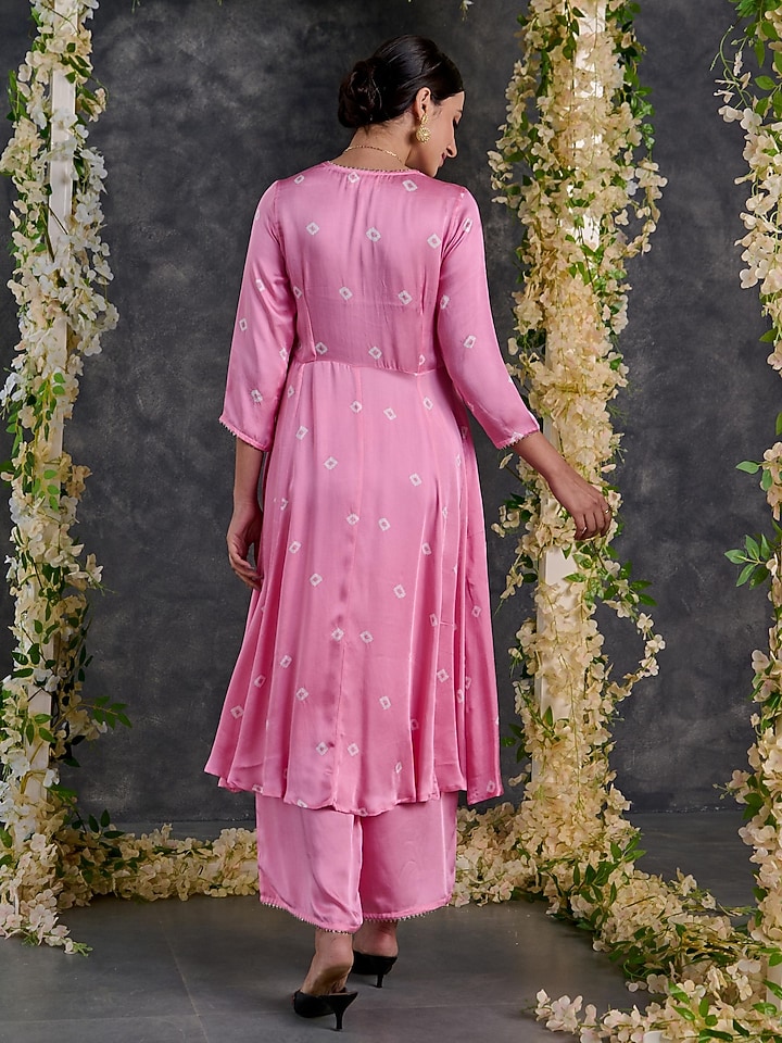 Pink Modal Satin Bandhani A-Line Kurta Set by Gulaal Creations at Pernia's Pop Up Shop