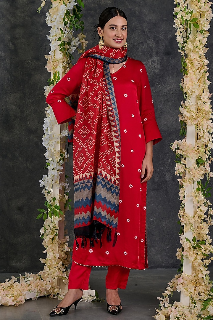 Red Modal Satin Bandhani Kurta Set by Gulaal Creations