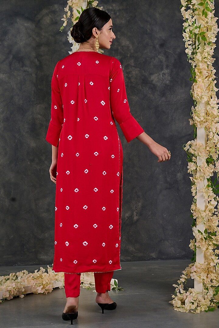 Red Modal Satin Bandhani Kurta Set by Gulaal Creations at Pernia's Pop Up Shop