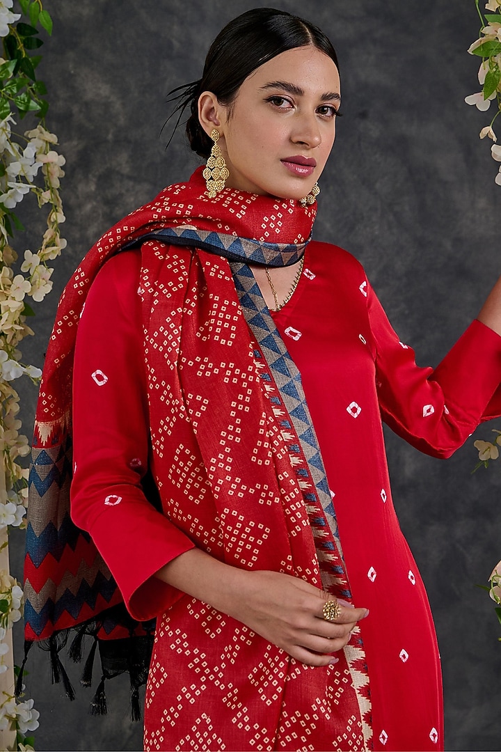 Red Modal Satin Bandhani Kurta Set by Gulaal Creations at Pernia's Pop Up Shop
