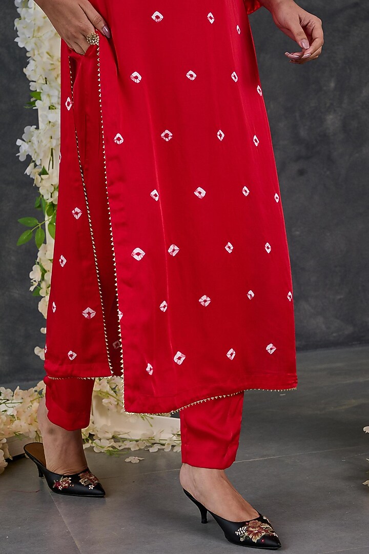 Red Modal Satin Bandhani Kurta Set by Gulaal Creations at Pernia's Pop Up Shop