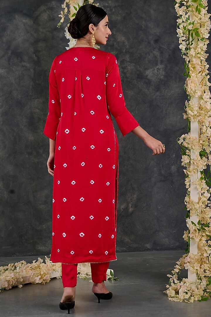 Red Modal Satin Bandhani Kurta Set by Gulaal Creations at Pernia's Pop Up Shop