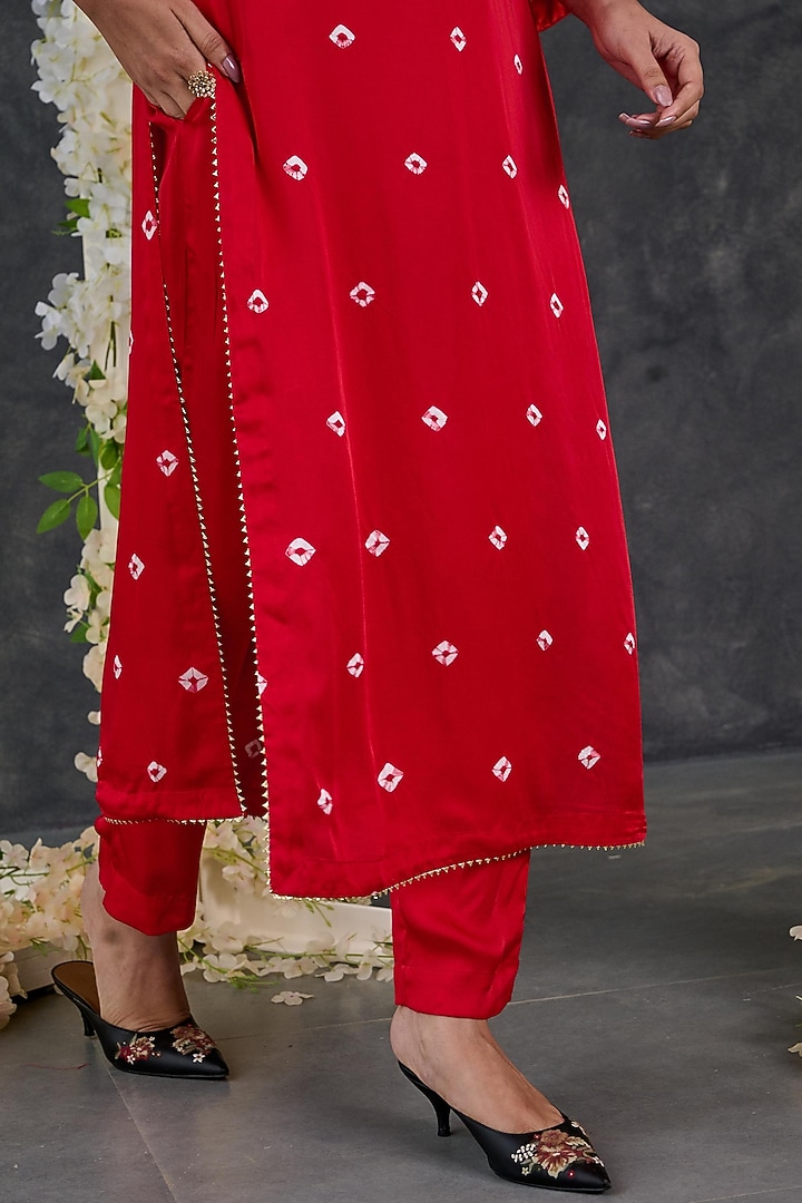 Red Modal Satin Bandhani Kurta Set by Gulaal Creations at Pernia's Pop Up Shop