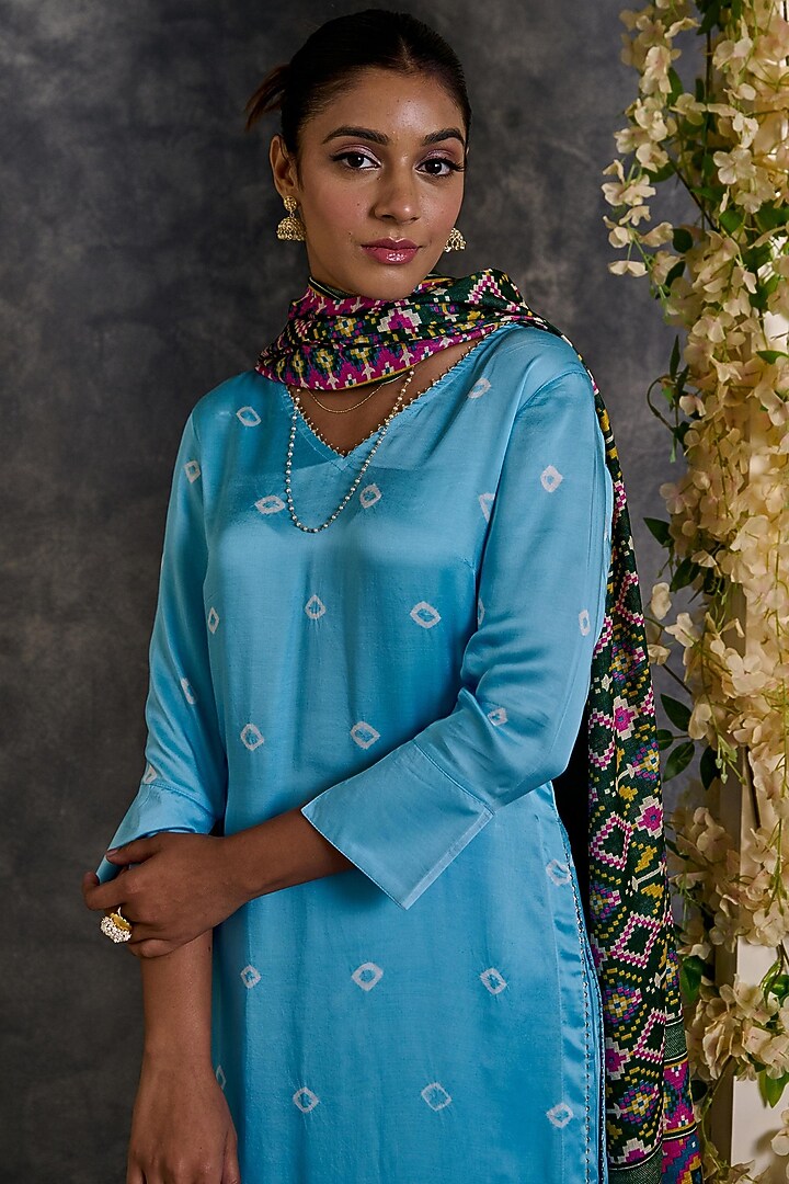 Blue Modal Satin Bandhani Kurta Set by Gulaal Creations at Pernia's Pop Up Shop