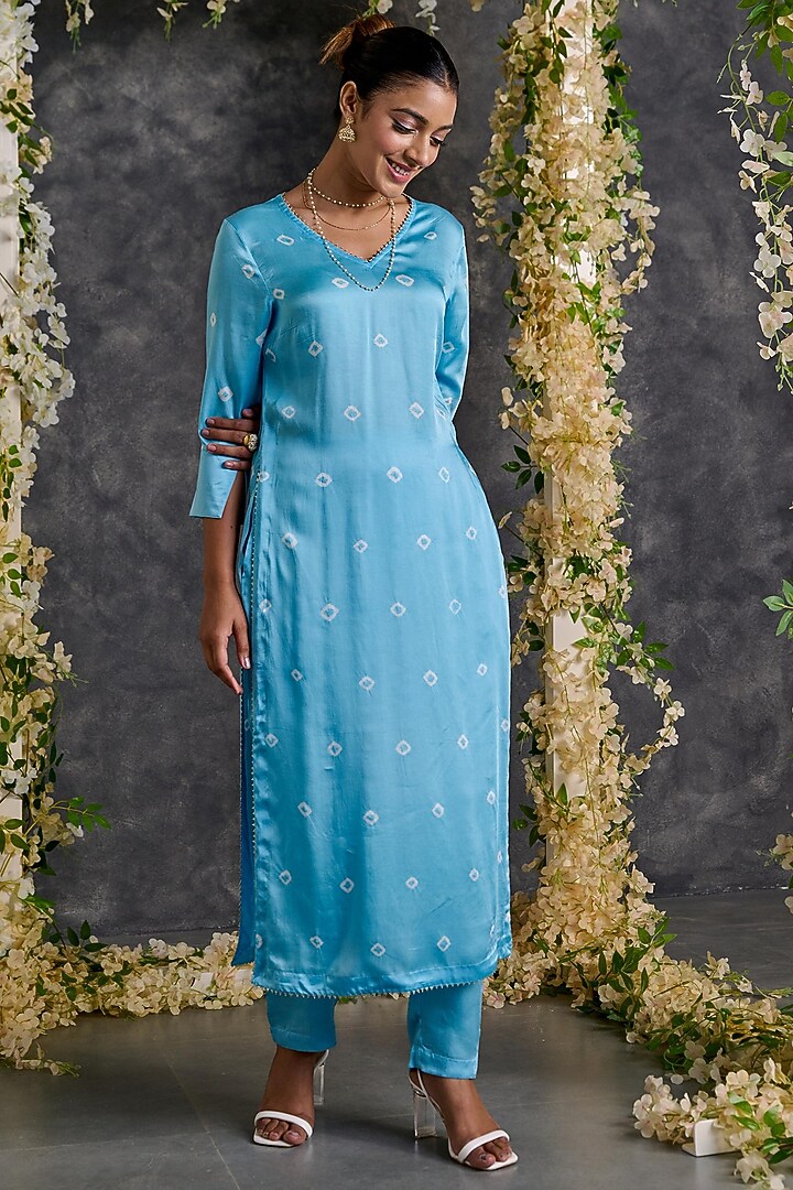 Blue Modal Satin Bandhani Kurta Set by Gulaal Creations at Pernia's Pop Up Shop