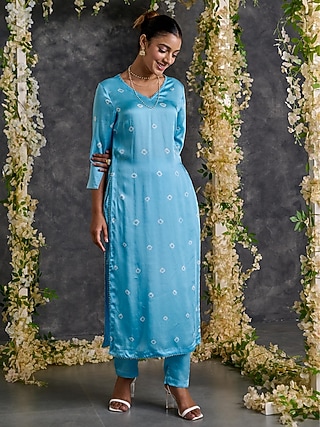 Blue Modal Satin Bandhani Kurta Set by Gulaal Creations