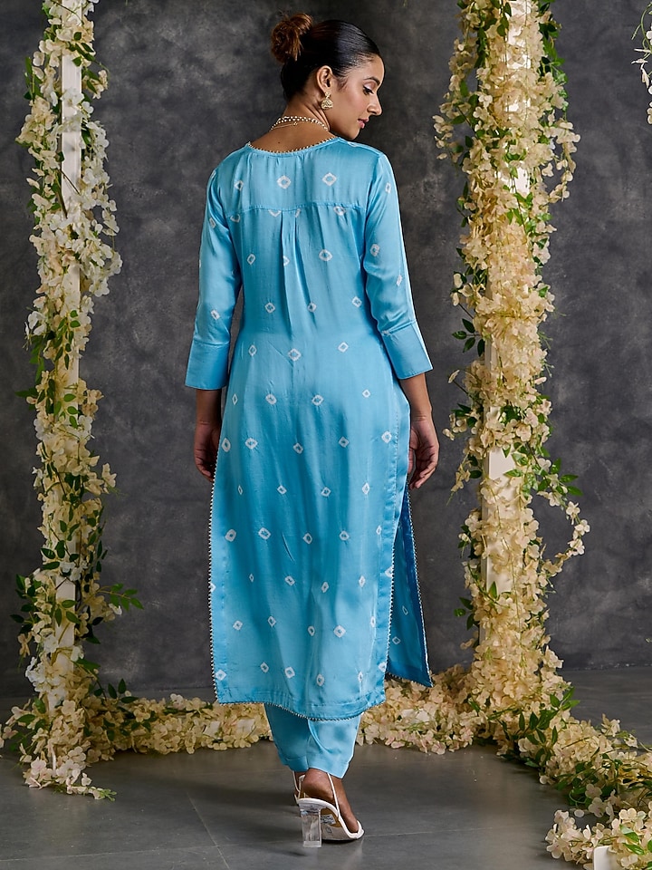 Blue Modal Satin Bandhani Kurta Set by Gulaal Creations at Pernia's Pop Up Shop