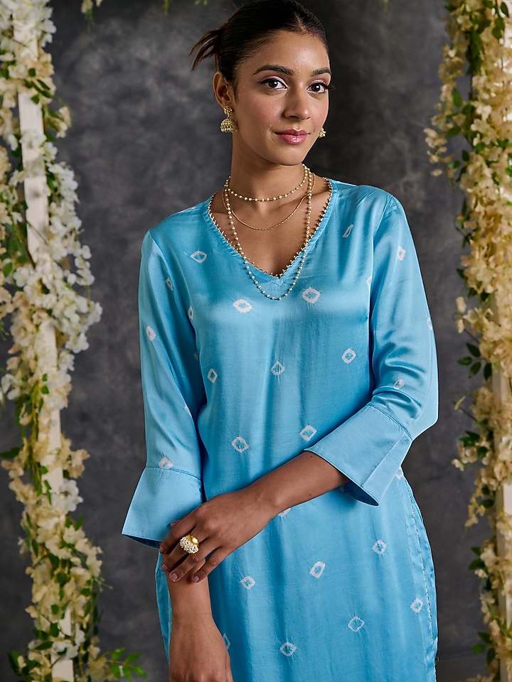 Blue Modal Satin Bandhani Kurta Set by Gulaal Creations at Pernia's Pop Up Shop